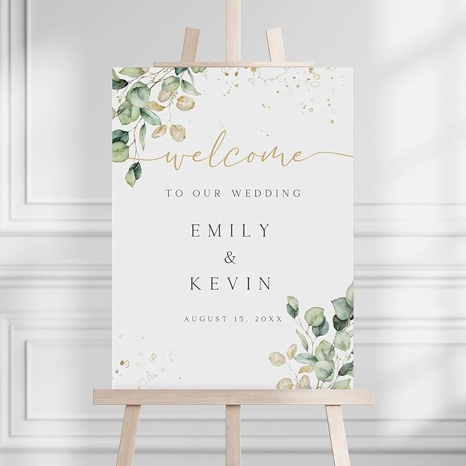 Welcome Wedding Sign Personalized, Greenery Eucalyptus Wedding Sign Decorations Signage 12" X 18" (Small), 27" (Medium), 36" (Large), Plastic, Modern, Pole Mount, Weather