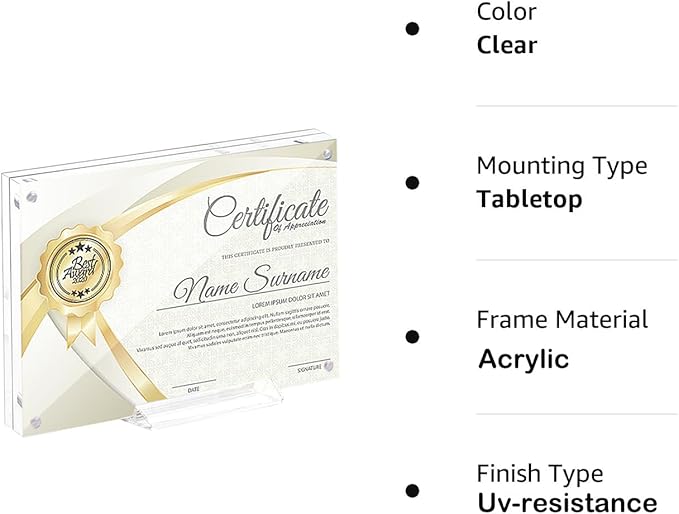 2 Pack 11x14 Acrylic Picture Frame,Clear Double Sided Magnetic Frames With Stand,Frameless Floating Frame for Artwork Poster Certificate Document