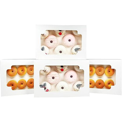 qiqee Auto-pop up White Cookie Box with Window 12x8x2.5 inch 32 Packs Two Uses One Second Folding Pastry Biscuit Bakery Box for Packaging