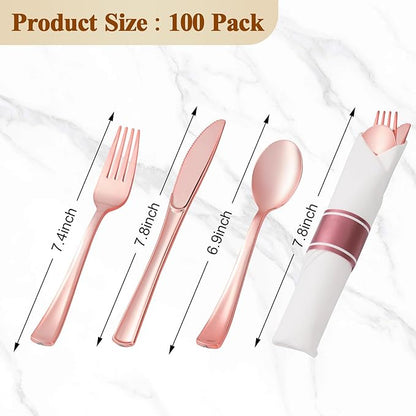 BESTVIP 100 Pack Pre Rolled Rose Gold Plastic Silverware Set, Disposable Wrapped Cutlery Set with 100 Napkins, 100 Knives, 100 Forks and 100 Spoons for Party, Birthday