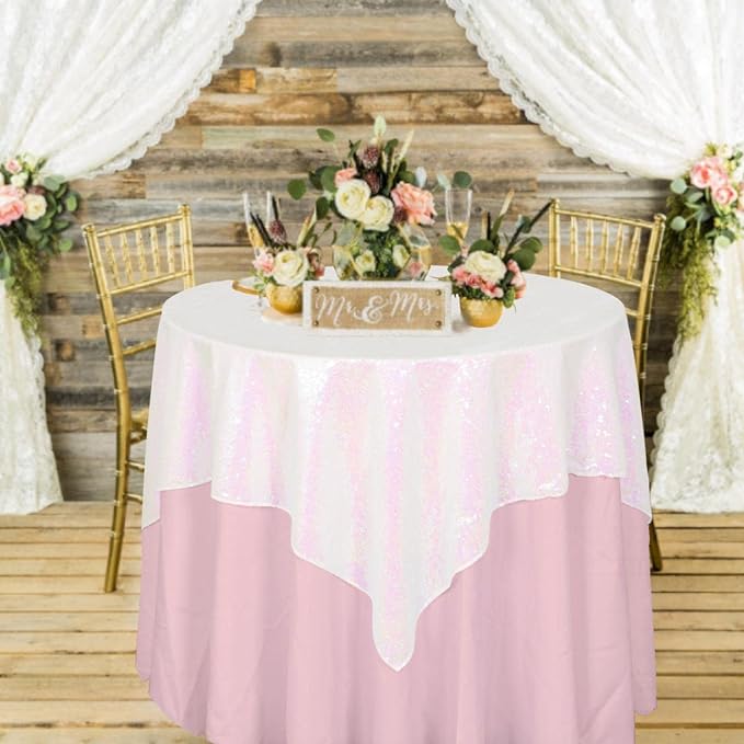 ShinyBeauty Sequin Tablecloth - Square 54x54-Inch Iridescent White Table Cloths for Round Table - Glitter Tablecloth Linen for Party