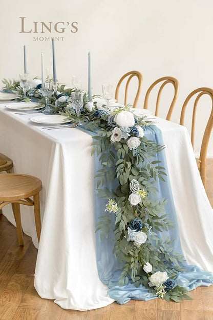 Ling's Moment Flower Garland - 6FT Eucalyptus & Rose - Sweetheart Table Decor for Wedding Reception, Artificial Arch Floral Garland for Mantle, Christmas, Beach Decoration, Dusty Blue & White
