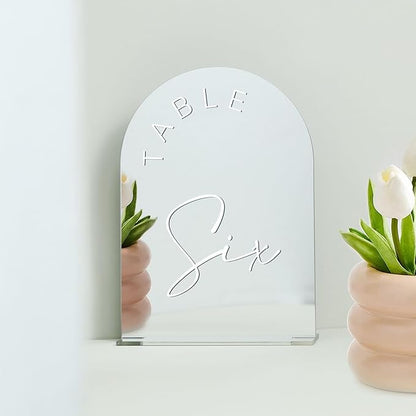 JINMURY Sliver Arch Wedding Table Numbers 1-20 with Stands, 5x7 Inch Acrylic Arch Sign with White Lettering, Sliver Mirror Acrylic Table Numbers for Wedding Reception