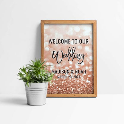 Andaz Press Personalized Extra Large Wedding Easel Board Party Sign, 12x18-inch, Glitzy Faux Rose Gold Glitter, Welcome to Our Wedding Bride Groom Name Date, 1-Pack, Custom