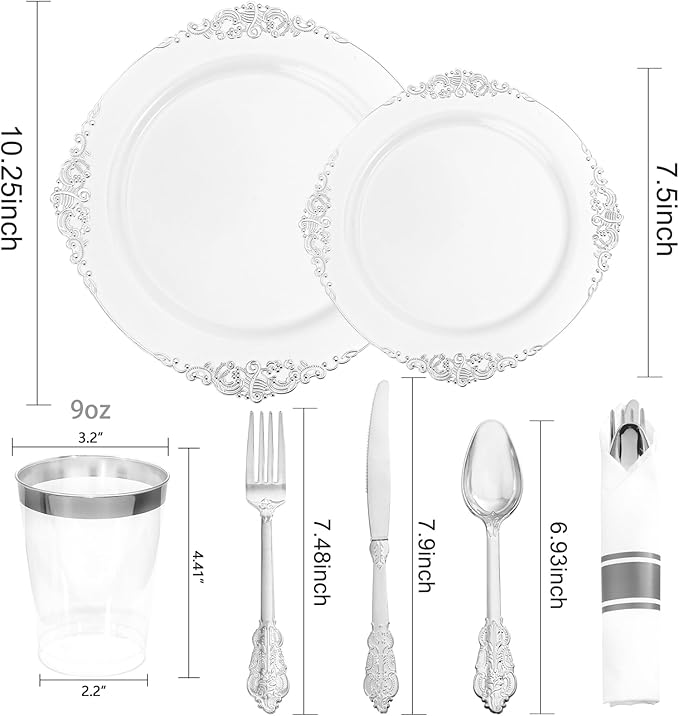 Liacere 350PCS Silver Plastic Plates&Pre Rolled Napkins for 50 Guests - Plastic Dinnerware Sets 100Silver Disposable Plates, 150Silver Silverware, 50Cups and 50Napkins for Wedding