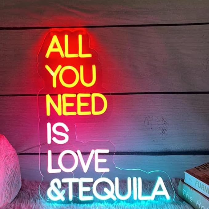 All You Need Is Love & Tequila Neon Sign, Custom Bar Neon Light Home Bar Cocktail Wall Decor Quote Tequila Alcohol Sign USB Size:14x10inch