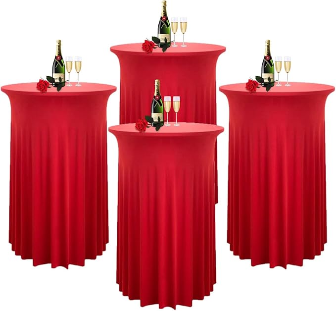 Albassa 4 Pack Cocktail Table Covers 32"x 43" Spandex Stretch Round Cocktail Tablecloths with Wavy Drapes Fitted High Top Bar Table Skirt for Wedding Party Banquet (Red, 4 PCS)