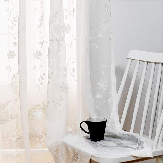 Floral Embroidery Sheer Curtains White 45 Inch Length, Rod Pocket Voile Drapes for Living room, Bedroom, Window Treatments Semi Crinkle Curtain Panels for Yard, Villa, Parlor, Set of 2, 52"x 45".