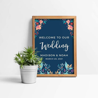 Andaz Press Personalized Extra Large Wedding Easel Board Party Sign, 12x18-inch, Vintage Bohemian Flowers on Navy Blue, Welcome to Our Wedding Bride Groom Name Date, 1-Pack, Custom