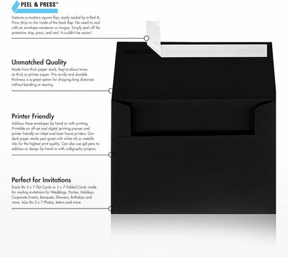 LUXPaper A7 Invitation Envelopes | Peel & Press | 5 1/4" x 7 1/4" | Black Linen | 80lb. Text | 250 Qty