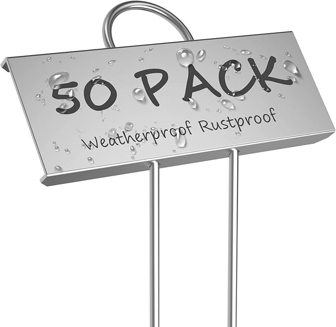 50-Pack Metal Plant Labels Weatherproof Garden Markers,Height 10.6'', Label Area 3.5''X 1.2'' Reusable Nursery Tags for Vegetables Herb Flower Seed Greenhouse - Zinc