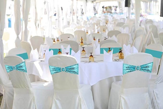 100 Pcs Chair Sashes Sequin Stretch Chair Bands Spandex Polyester Bows for Party Hotel Wedding Banquets Decoration - Aqua