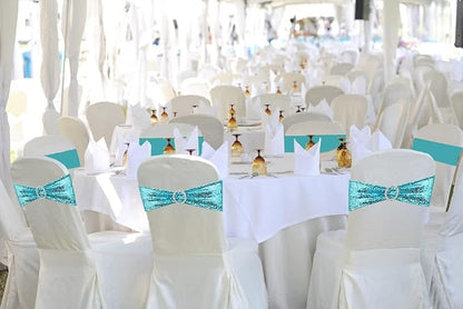 100 Pcs Chair Sashes Sequin Stretch Chair Bands Spandex Polyester Bows for Party Hotel Wedding Banquets Decoration - Aqua
