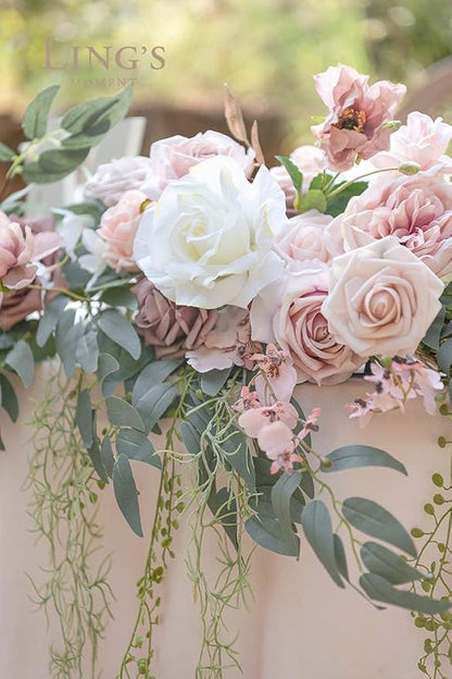 Ling's Moment 9FT Spring Flower Garland for Backdrop Decorations - Wedding Arch Flowers, Eucalyptus & Rose, Artificial Floral Garland for Mantle - Sweetheart Table Decor for Reception, Dusty Rose