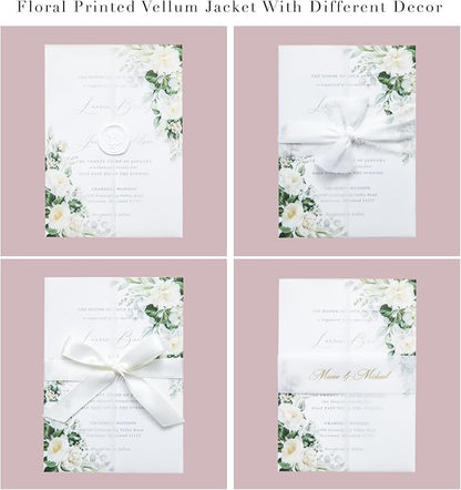 PONATIA 50 PCS Vellum Jackets for 5x7 Invitations- 135gsm White Floral Printed Vellum Sleeves, Quinceanera Wedding Invitation Cards Wraps, Green Flower Transparent Jacket