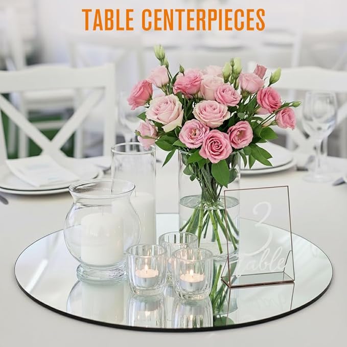 Houseables Mirror Centerpieces for Tables, Round Mirrors for Centerpieces, Mirrored Trays, Round Table Plate Tray, Circle, Glass Charger, Wedding, Center Piece, Small, Base, Candle, 8 Inch, 12 Pack