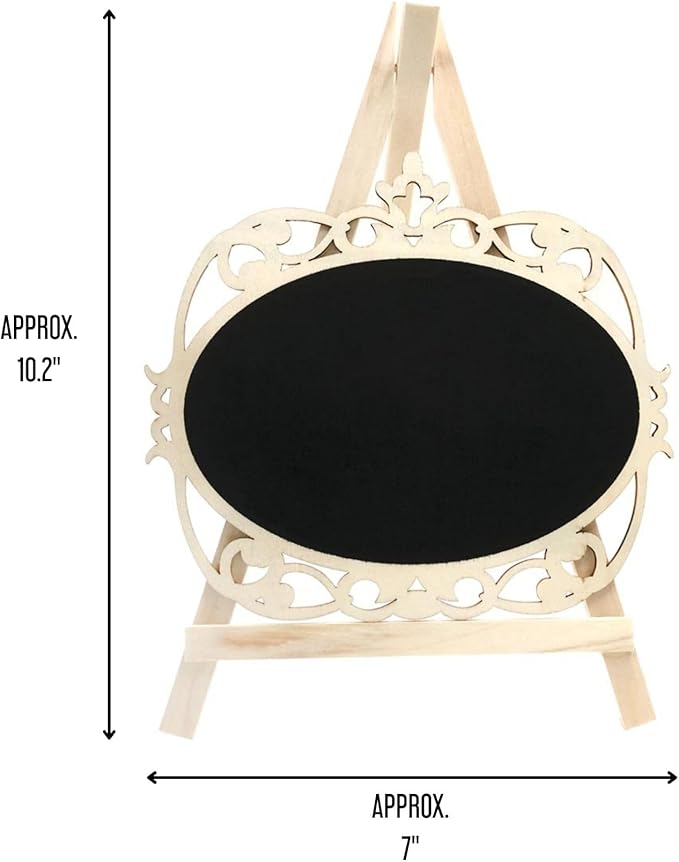 Chalkboard Signs Easel - Oval Shape with Wood Framed Swirly Design, Includes 1 Chalk Stick, Size: 10" x 7" Wooden Blackboard, Perfect for Events and Home Decoration
