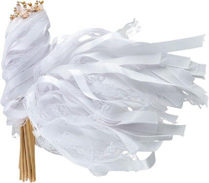 30 Pcs White Wedding Wands, Lace Wedding Streamers, Ribbon Streamers, Wedding Exit Items, Wedding Send Off Ideas, Dance Floor Props Sticks with Bells for Holiday Celebration Birthday Favors