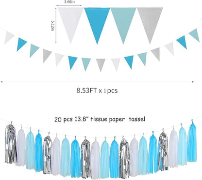 Royal-Light Blue Silver Party Decorations - 30pcs Tissue Pom Poms Streamers,Birthday Tassel Garland Banner,Graduation Wedding Engagement Baby Bridal Shower Decor Ouruola