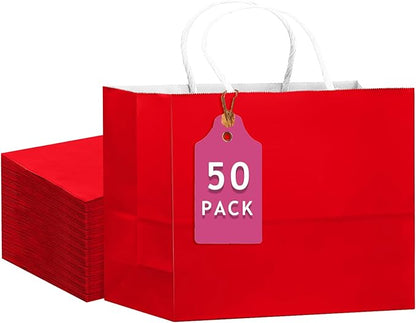 qiqee 50-Packs Red Paper Gift Bags with Handles Bulk 12.6"x4.3"x10" Wide Large Size Party Favor Bags Multiple Uses