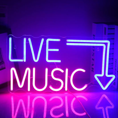 Live Music Neon Sign LED Neon Sign Large Blue and Pink Words for Music Studio USB Powered Switch for Wall Decor Beer,Bar,Music Studio,Bedroom,Party,Club