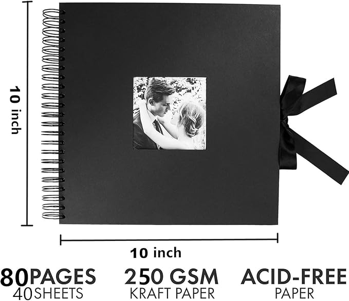 INNOCHEER Photo Album - Self Adhesive 80 Black Pages, Large Scrap Book Wedding Guest Book for DIY Anniversary Travel Memory Scrapbooking (Black 10X10)