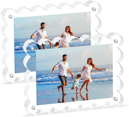 Scalloped Magnetic Picture Frame 4x6 Inch - 2Pack Clear Acrylic Photo Frame, 20mm Thick Double-Sided Magnet Design, Trendy Desktop Display for Home/Office Decor (2 Pack, 4X6)