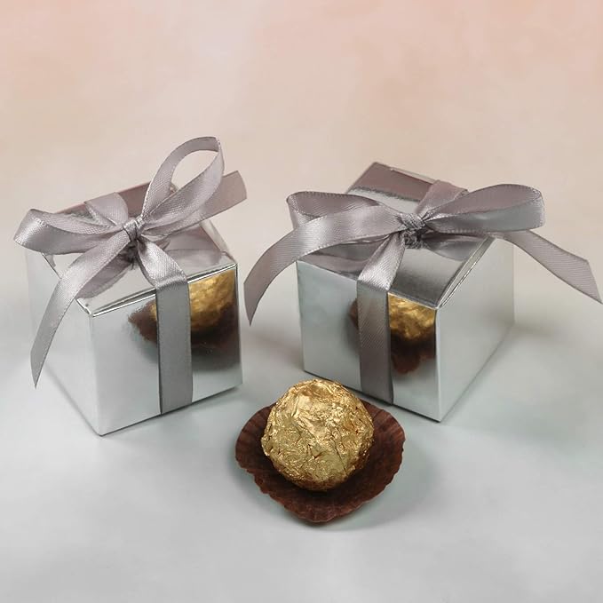 COTOPHER 100pcs Wedding Favor Boxes, Paper Gift Boxes 3x3x3 Inches Small Gift Boxes with Ribbons Small Boxes for Gifts, Crafting, Cupcake, Candy, Bridesmaid Proposal Boxes (Metallic Silver)