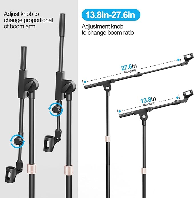 Mic Stand with Boom Arm, Heavy Duty Tripod Microphone Stand Floor Holder Height Adjustable with Carrying Bag and 2 Mics Clips for Singing Performance, Home Studio Recording, Podcast and Stage