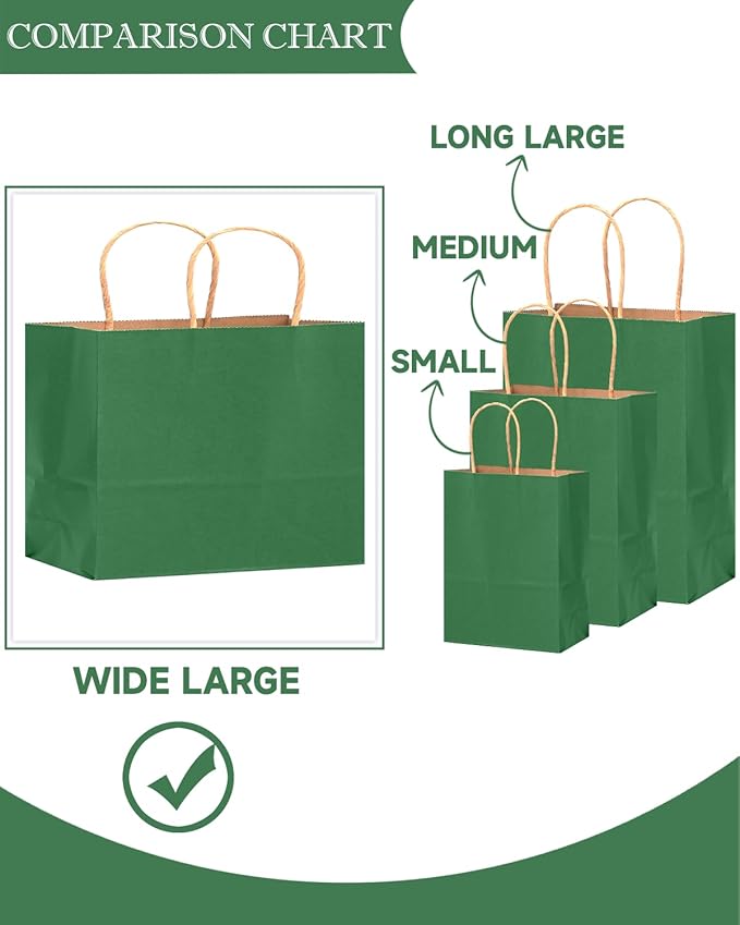 qiqee 100PCS Large Gift Bag with Handles Bulk 13"x4.5"x10" Gift Bags Kraft Deep Green Multiple Uses (32x11x25cm,Wide Large)