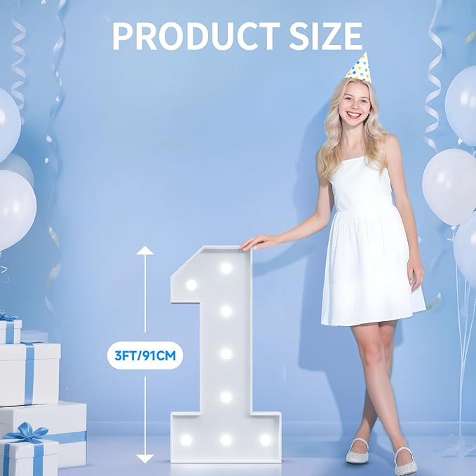 Marquee Numbers 3 Feet Tall, Large Light Up Number 1 for 1st Birthday Party Decorations, Anniversary Decor, Big Number 1 Sign for Backdrop, Pre-Cut Foam Board Kit