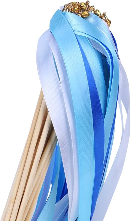 30 Pack Ribbon Wedding Wands Sticks Wedding Party Favors Streamers with Gold Bells Fairy Wand for Party Activities Baby Shower Holiday Celebration (Royal Blue)