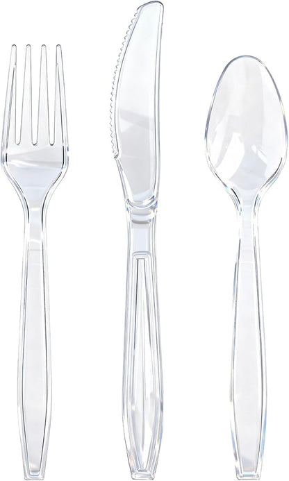 400 Count Heavy Duty Clear Plastic Silverware, 160 Forks, 160 Spoons, 80 Knives, BPA-Free and Heat Resistant, Disposable Cutlery set, Premium Clear Utencils for Party and Daily Use
