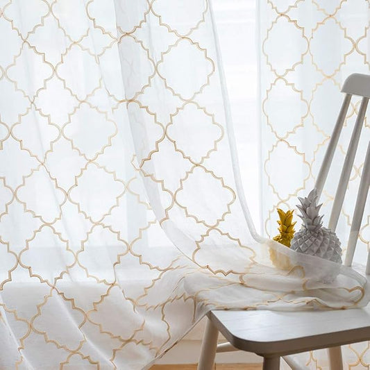 Sheer Curtains Beige 63 Inches, Rod Pocket Voile Drapes for Living room, Bedroom, Embroidered Moroccan Tile Lattice Design Window Semi Crinkle Curtain Panels for Yard, Parlor, Set of 2, 52"x 63".