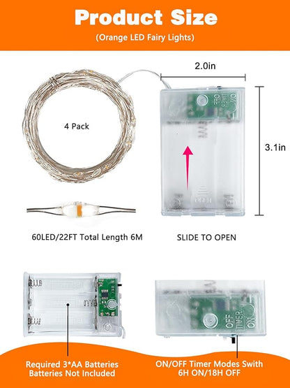 4 Pack 20FT 60LED Halloween Battery Operated Fairy Lights with Timer, Waterproof Battery String Lights Outdoor Indoor, Battery Twinkle Lights for Bedroom Wedding Birthday Party Halloween (Orange)