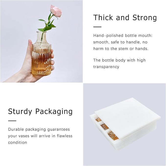 Glass Bud Vase Set of 5, Gold Amber Small Flower Vases for Centerpieces in Bulk, Mini Vintage Vase for Rustic Wedding, Home,Table Decoration