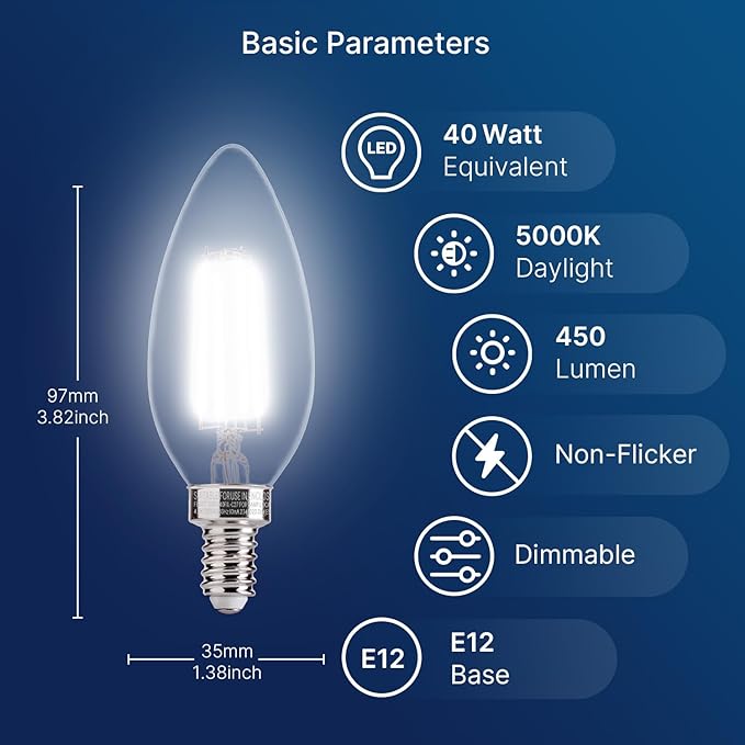 FLSNT 5000K Daylight B10 Dimmable 4W LED E12 Candelabra Bulbs, 40W Equivalent LED Chandelier Candle Bulbs, Clear Glass Finishing, 6 Pack UL,CA65 Listed.