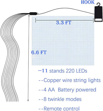 220 LED Firefly Bunch Lights Battery Operated, 8 Flashing Modes Waterproof Copper Wire Waterfall Lights, Remote Controlled Timer and Hooks, Fairy Lights for Indoor Outdoor Decor (Warm White)
