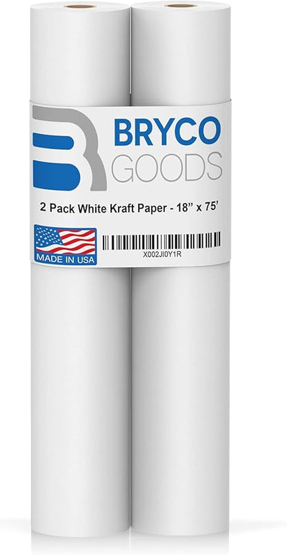 Bryco Goods Kraft Paper Roll - 18” x 75’ (900”) - Pack of 2 - White Easel Paper for Drawing, Painting, Arts & Crafts, Bulletin Boards, and Gift Wrapping - Made in The USA