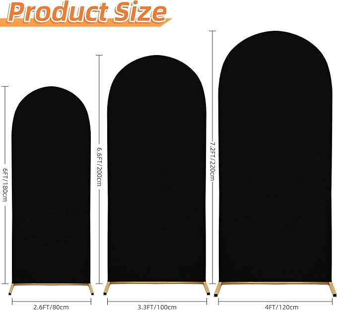 Wedding Arch Covers Spandex Arch Backdrop Covers (7.2FT,6.6FT,6FT) Set of 3 Arch Stand Cover Arch Covers Stretchy Backdrop for Wedding Birthday Party Decoration Baby Shower (Black)