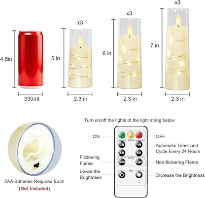 Raycare Flameless Candle with Remote Timer – 9 Flickering Acrylic Battery Operated LED Pillar Candles with Embedded Star String for Halloween, Home Decor, and as a Gift (Ivory)