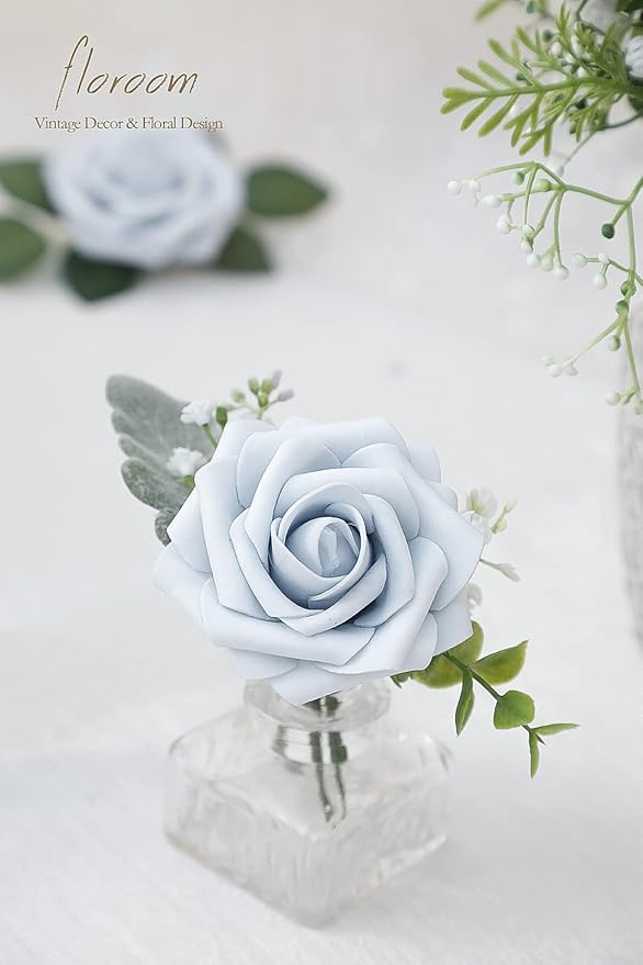 Floroom Artificial Flowers 25pcs Real Looking Powder Blue Foam Fake Roses with Stems for DIY Wedding Bouquets Bridal Shower Centerpieces Floral Arrangements Party Tables Home Decorations