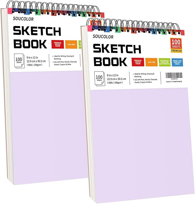 Soucolor 9" x 12" Sketch Book, Christmas Gifts for Women, Birthday Gifts for Women, Thank You Gifts, Stocking Stuffers, 2 Packs 100-Sheets Each (68lb/100gsm) Drawing Pad for Teens Girls