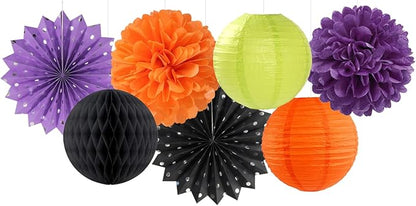 Black-Orange Purple Green Halloween Party-Decorations - 14pc Kit Paper Lanterns Fan,Tissue Flower Pom Poms Streamers,Honeycomb Balls,Birthday Supplie Wedding Baby Bridal Shower Decor Lasting Surprise