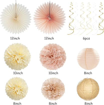 Champagne-Gold Beige Fall Baby-Shower Party-Decorations - 36pcs Welcome Home Banner Sign,Neutral Paper Lanterns,Girl Streamers Garland,Boho Hanging Tissue Pom Poms Flowers Fans Backdrop Decor Burgleda