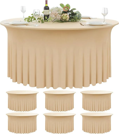 6 Pack Champagne Round Spandex Tablecloth 60 Inch, Wrinkle Free Stretch 120 Inch Fitted 5ft Champagne Table Cloths Round Table Covers with Ruffle Skirt for Party Wedding Banquet