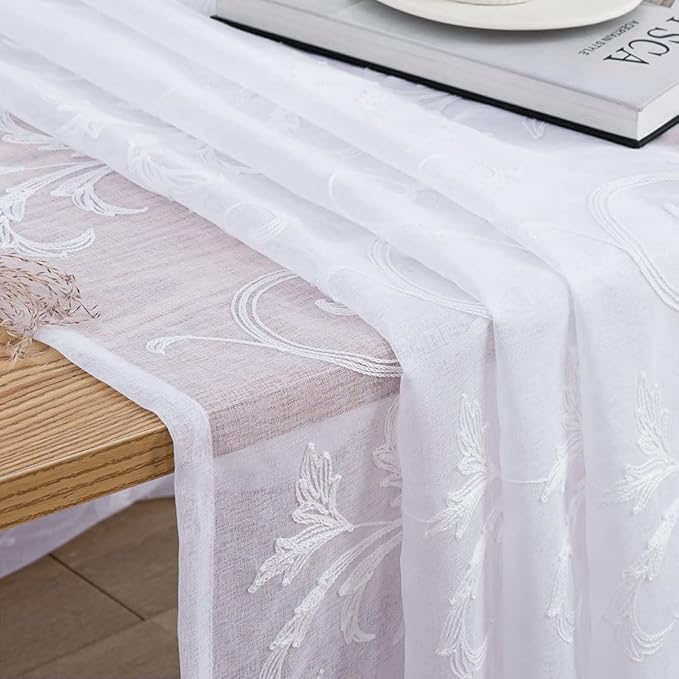 Sheer Curtains White 95 Inches Vintage Embroidered Floral, Window Treatments Rod Pocket Drapes for Living room, Bedroom, Semi Crinkle Voile Curtain Panels for Yard, Villa, Parlor, Set of 2, 52"x95".