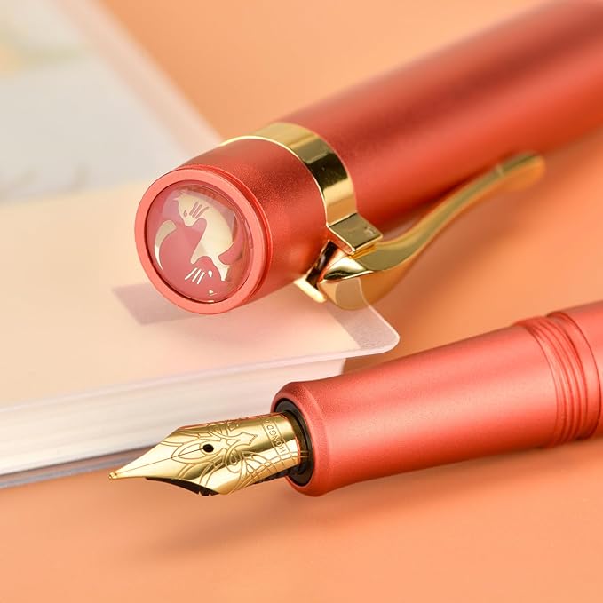 Hongdian M2 Mini Fountain Pen with Extra Fine Soft Golden Nib, Sleek Shape Aluminium Short Pocket Travel Pen (Orange Red)
