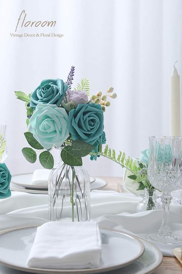 Floroom Artificial Flowers 25pcs Real Looking Teal Green Foam Fake Roses with Stems for DIY Wedding Bouquets Baby Shower Centerpieces Party Tables Home Decorations