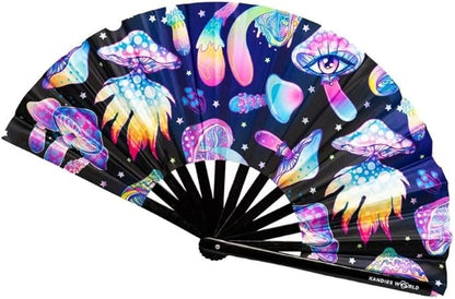Kandies World UV Reactive Custom Festival Folding Hand Fan - Unique Designs, Made of Bamboo, Clacking Sound, Lightweight - Perfect Rave and Festival Accessory!